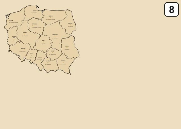 Tablica suchościeralna z nadrukiem mapy administracyjnej Polski w lewym górnym rogu na jasnobrązowym tle