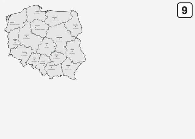Tablica suchościeralna z nadrukiem mapy administracyjnej Polski w lewym górnym rogu na szarym tle