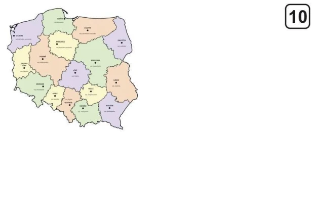 Tablica suchościeralna z nadrukiem mapy administracyjnej Polski w lewym górnym rogu na białym tle