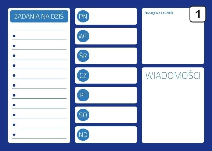 Tablica suchościeralna planer 242 - Wzór graficzny. Niebieskie tło z białymi polami na zadania i dni tygodnia