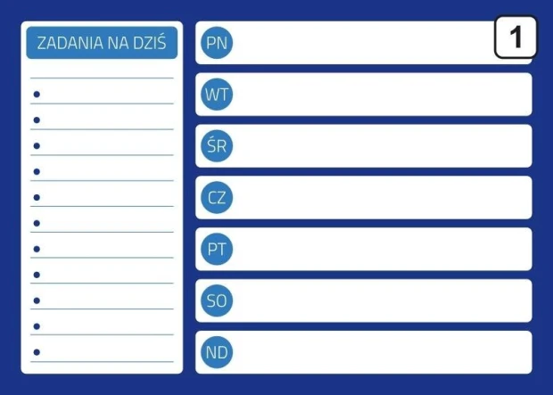 Tablica suchościeralna planer 243 - Wzór graficzny. Prostokątna tablica z niebieskim tłem, białymi polami do wpisywania