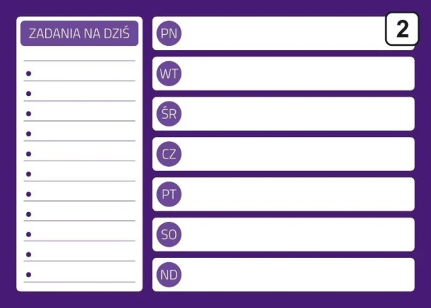 Tablica suchościeralna planer 243 - Wzór graficzny. Prostokątne pola z miejscem na dni tygodnia i listę zadań