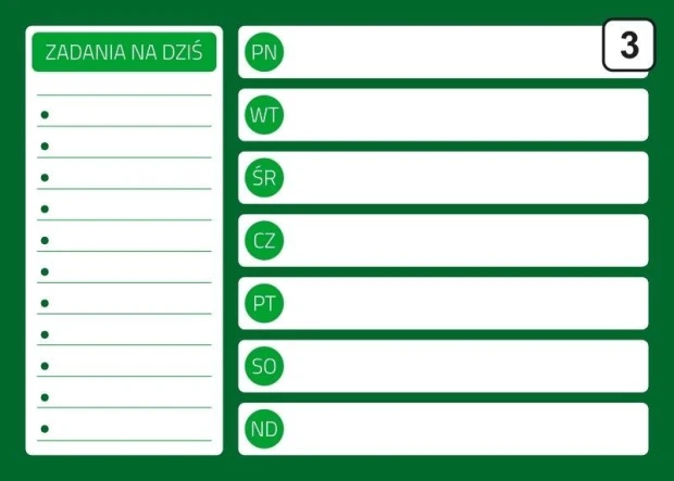 Tablica suchościeralna planer 243 - Wzór graficzny. Zielone tło z białymi polami na zadania i dni tygodnia