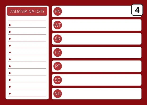 Tablica suchościeralna planer 243 - Wzór graficzny. Czerwone tło z białymi polami na zadania i dni tygodnia