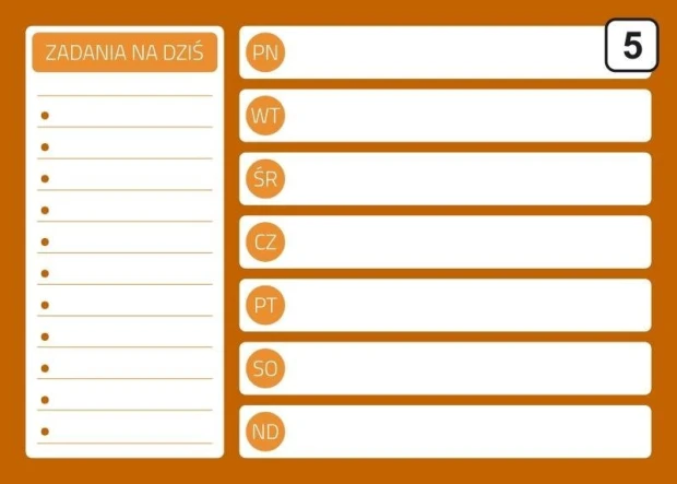Tablica suchościeralna planer 243 - Wzór graficzny. Prostokątne pola z dniami tygodnia i miejscem na zadania