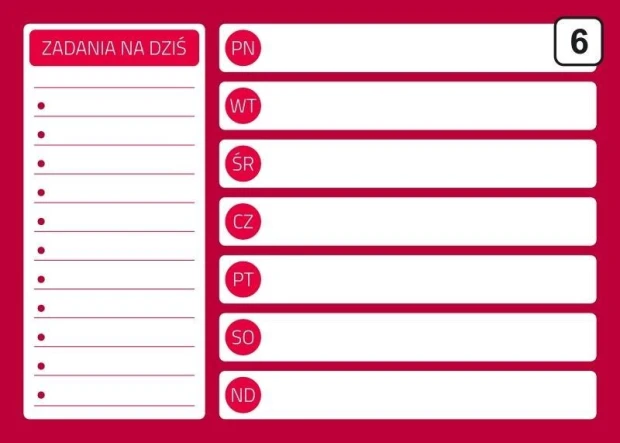 Tablica suchościeralna planer 243 - Wzór graficzny. Czerwone tło z białymi polami na zadania i dni tygodnia