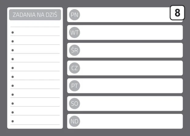 Tablica suchościeralna planer 243 - Wzór graficzny. Prosty układ z miejscem na dni tygodnia i listą zadań