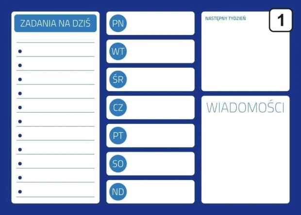 Magnetyczna tablica suchościeralna z niebieskim nadrukiem planera tygodniowego, listy zadań i wiadomości na białym tle