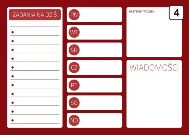 Magnetyczna tablica suchościeralna z czerwonym nadrukiem planera tygodniowego, listy zadań i wiadomości na białym tle