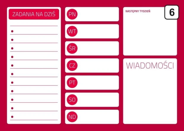 Magnetyczna tablica suchościeralna z różowym nadrukiem planera tygodniowego, listy zadań i wiadomości na białym tle