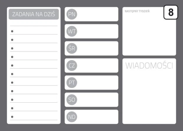 Magnetyczna tablica suchościeralna z szarym nadrukiem planera tygodniowego, listy zadań i wiadomości na białym tle