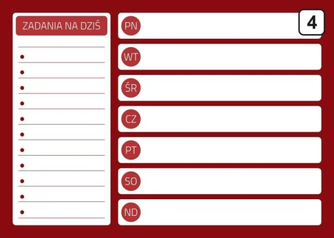 Magnetyczna tablica suchościeralna planer 243 - Wzór graficzny. Czerwone tło z białymi polami na zadania i dni tygodnia