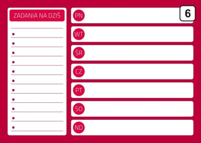 Magnetyczna tablica suchościeralna planer 243 - Wzór graficzny. Czerwone tło z białymi polami na zadania i dni tygodnia