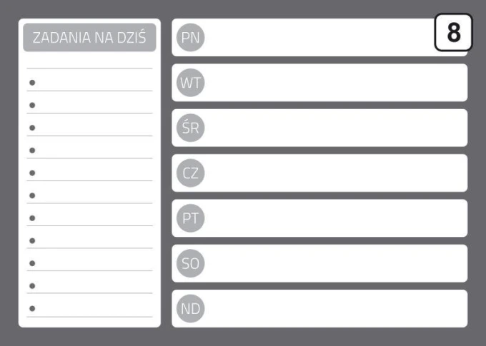 Magnetyczna tablica suchościeralna planer 243 - Wzór graficzny. Szary kolor tła z białymi polami na zadania i dni tygodnia