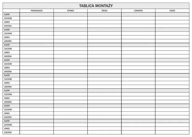 Suchościeralna tablica montaży 086 - Wzór graficzny. Prosta siatka z wierszami i kolumnami do planowania