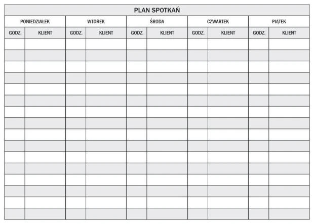 Suchościeralna tablica plan spotkań 087 - Wzór graficzny. Prosty układ z siatką godzin i dni tygodnia