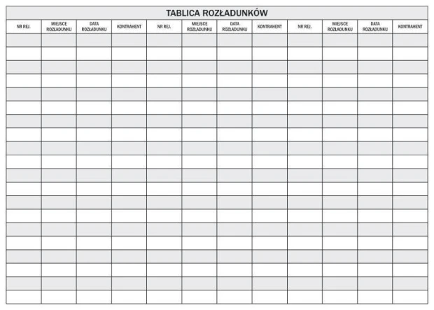 Suchościeralna tablica rozładunków 085 - Wzór graficzny. Prosta siatka z kolumnami i wierszami, zawiera pola do wpisywania