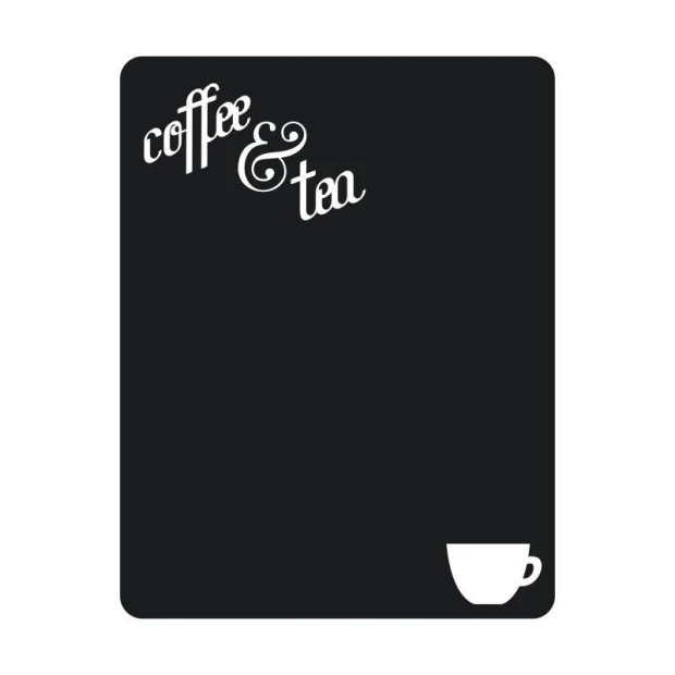 Naklejka kredowa w kształcie prostokąta z zaokrąglonymi rogami, z wyciętym napisem coffee & tea i filiżanką