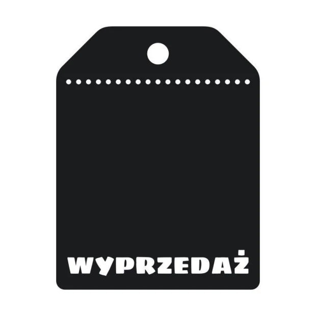 Naklejka kredowa w kształcie metki z wyciętym napisem WYPRZEDAŻ, przedstawiona na białym tle