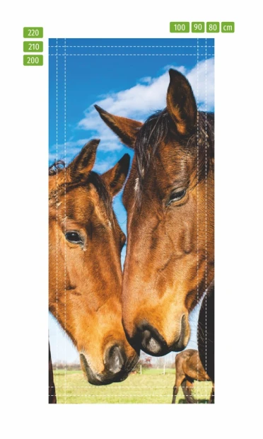 Fototapeta na drzwi z motywem koni w ujęciu pokazującym linie pomocnicze do docinania wymiaru
