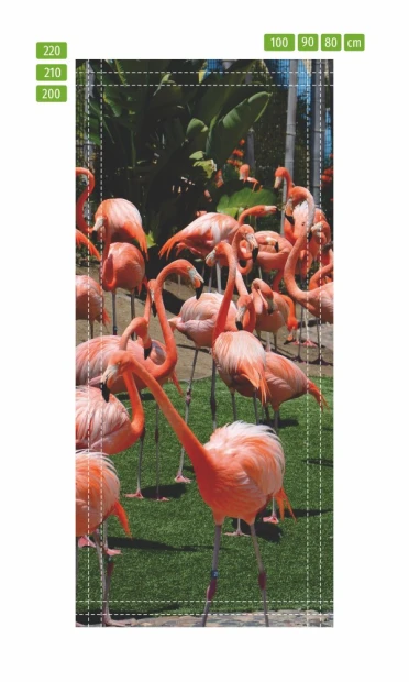Fototapeta na drzwi flamingi FP 2535 D - Aranżacja w ogrodzie. W tle zielona trawa i palmy, na pierwszym planie flamingi