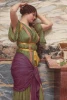 Reprodukcja A Fair Reflection, William Godward - Wzór graficzny. Kobieta w kolorowej tunice przy marmurowym stole