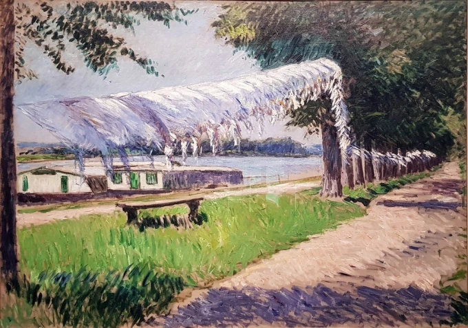 Reprodukcja Drying laundry on the banks of the Seine, Gustave Caillebotte - Wzór graficzny. Obraz przedstawia pranie