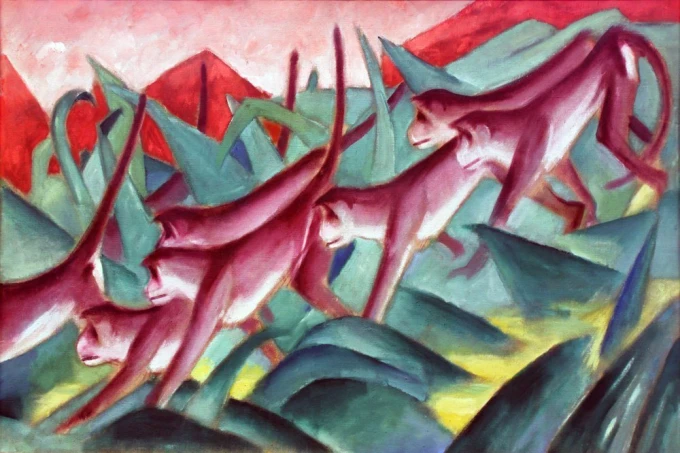 Reprodukcja Monkey Frieze, Franz Marc - Wzór graficzny. Czerwone małpy poruszają się wśród zielonych kształtów