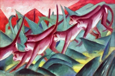 Reprodukcja Monkey Frieze, Franz Marc - Wzór graficzny. Czerwone małpy poruszają się wśród zielonych kształtów
