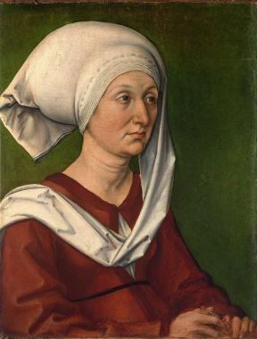 Reprodukcja Portrait of Durers Mother Barbara, Albrecht Durer - Wzór graficzny. Postać kobiety w czerwonym stroju z białą