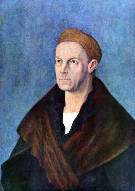 Reprodukcja Portrait of Jakob Fugger, Albrecht Durer - Wzór graficzny. Mężczyzna w brązowym płaszczu z ciemnym tłem