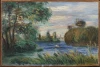Reprodukcja River Landscape, 1887 Renoir Auguste - Aranżacja w salonie. Ściany w jasnym kolorze, drewniane meble
