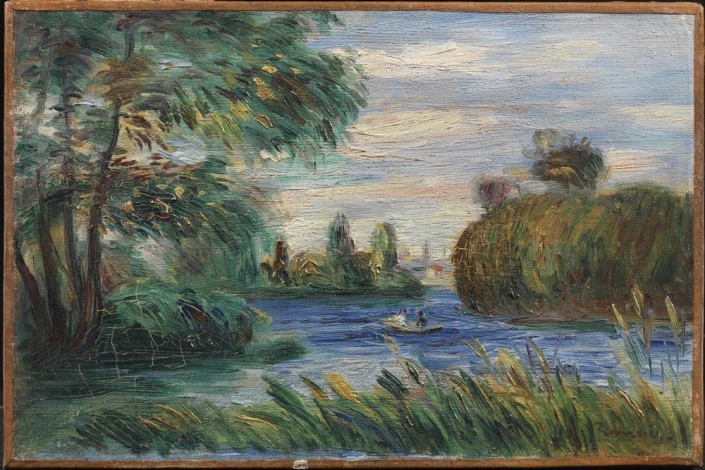 Reprodukcja River Landscape, 1887 Renoir Auguste - Aranżacja w salonie. Ściany w jasnym kolorze, drewniane meble