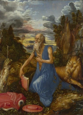 Reprodukcja Saint Jerome, Albrecht Durer - Wzór graficzny. Postać mężczyzny w niebieskiej szacie, z książką, obok lwa. Tło