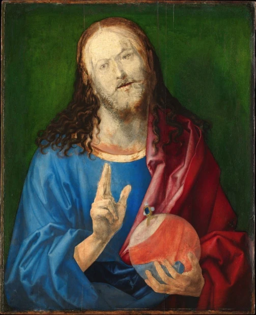 Reprodukcja Salvator Mundi, Albrecht Durer - Wzór graficzny. Postać mężczyzny z długimi włosami, w niebieskiej szacie