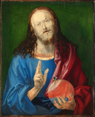 Reprodukcja Salvator Mundi, Albrecht Durer - Wzór graficzny. Postać mężczyzny z długimi włosami, w niebieskiej szacie