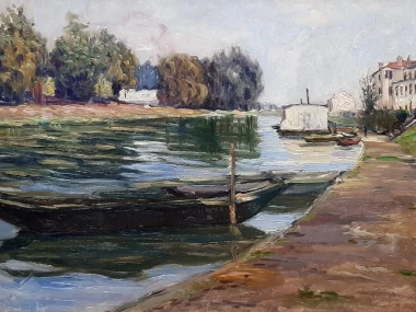 Reprodukcja The banks of the Seine, Gustave Caillebotte - Wzór graficzny. Obraz przedstawia rzekę z łodziami, z drzewami