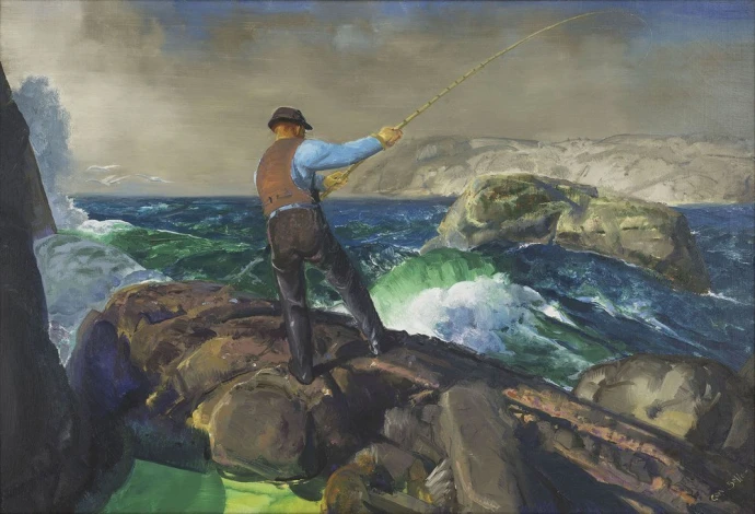 Reprodukcja The Fisherman, George Bellows - Wzór graficzny. Mężczyzna łowi ryby na skałach, w tle fale i góry