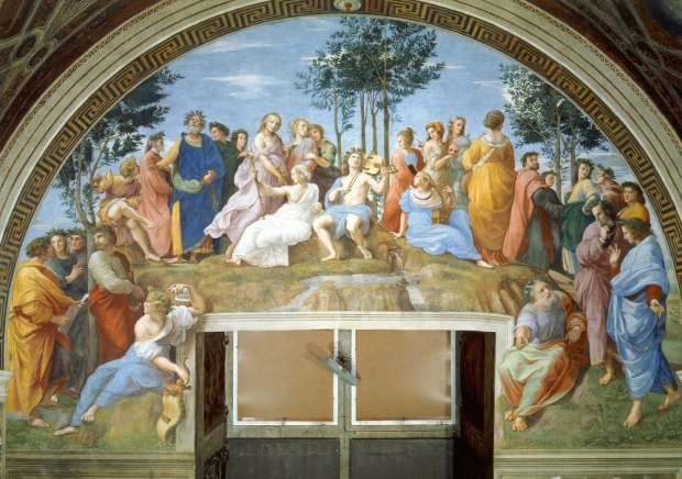 Reprodukcja The Parnassus, Rafael Santi, Raphael - Wzór graficzny. Postacie w różnych pozach, otoczone drzewami