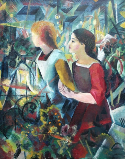 Reprodukcja Two Girls, August Macke - Wzór graficzny. Dwie postacie w ruchu, otoczone kolorowymi kształtami i roślinnością