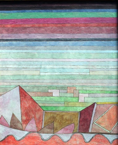 Reprodukcja View into the Fertile Country, Paul Klee - Wzór graficzny. Geometryczne kształty w odcieniach czerwieni, zieleni
