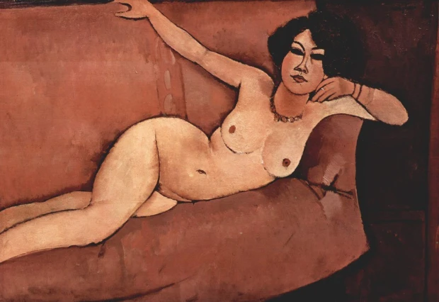 Reprodukcja Akt auf Sofa Almaiisa, Amedeo Modigliani - Wzór graficzny. Postać kobieca leży na kanapie, z wyraźnymi konturami