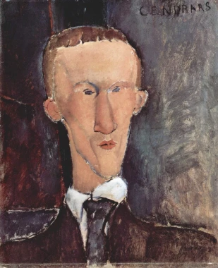 Reprodukcja Blaise Cendrars, Amedeo Modigliani - Wzór graficzny. Postać mężczyzny z wydłużoną twarzą, w ciemnym garniturze