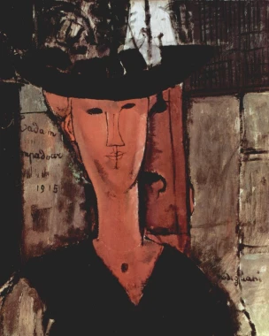 Reprodukcja Dame mit Hut, Amedeo Modigliani - Wzór graficzny. Postać kobieca z długą szyją, w czarnym kapeluszu, na ciemnym