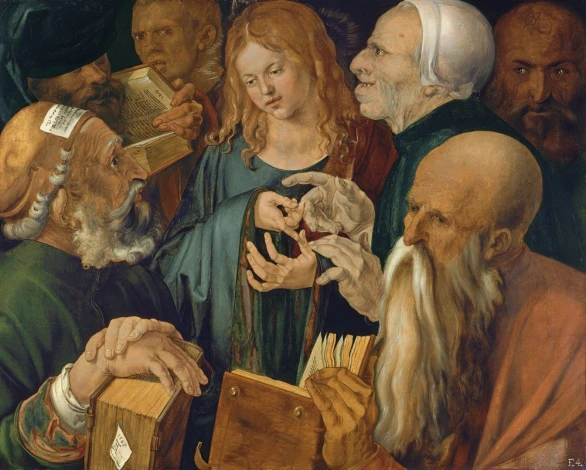 Reprodukcja Jesus among the Doctors as a child debating in the temple, Albrecht Durer - Wzór graficzny. Postacie w różnych