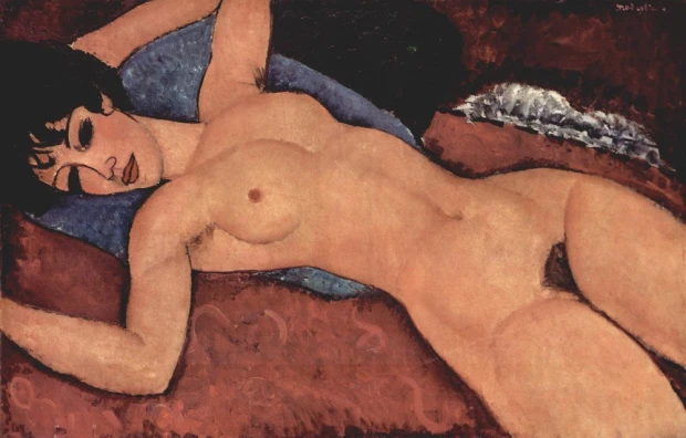 Reprodukcja Liegender Akt, Amedeo Modigliani - Wzór graficzny. Postać leżąca na tle w odcieniach czerwieni i niebieskiego