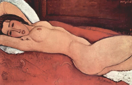 Reprodukcja Liegender Akt mit hinter dem Kopf verschrankten Armen, Amedeo Modigliani - Wzór graficzny. Postać nagiej kobiety