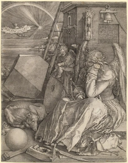 Reprodukcja Melencolia, Albrecht Direr - Wzór graficzny. Postać anioła w szatach, narzędzia, geometryczne kształty