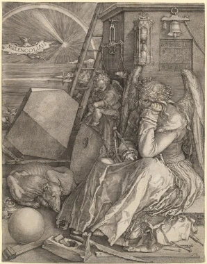 Reprodukcja Melencolia, Albrecht Direr - Wzór graficzny. Postać anioła w szatach, narzędzia, geometryczne kształty