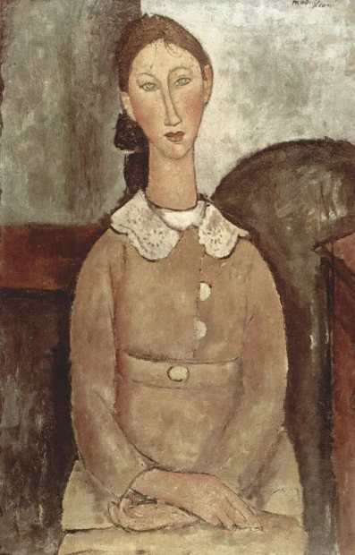 Reprodukcja Madchen in gelben Kleid, Amedeo Modigliani - Wzór graficzny. Postać kobiety w sukience, dłonie na stole, prosty